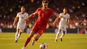 Norway striker taking powerful shot against Iraq defenders during World Cup 2026 match at Gillette Stadium