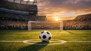 Soccer stadium with ball on pitch under dramatic lighting for World Cup match predictions