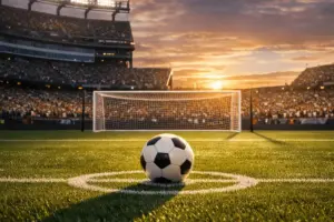 Soccer stadium with ball on pitch under dramatic lighting for World Cup match predictions