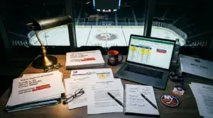 Hockey front office desk with contract documents and financial spreadsheets showing salary cap decisions