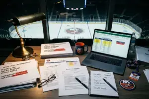Hockey front office desk with contract documents and financial spreadsheets showing salary cap decisions