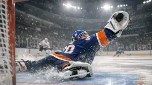 New York Islanders goaltender making spectacular save during NHL game action