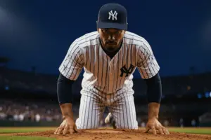 Yankees player Jazz Chisholm Jr. at second base during night game with stadium lights