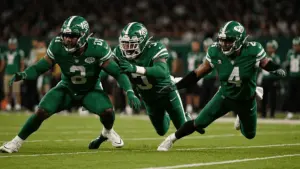 Jets edge rushers competing in pass rush during NFL game action
