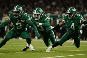 Jets edge rushers competing in pass rush during NFL game action