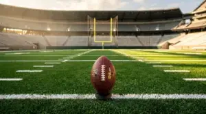 Football on kicking tee positioned at goal line with goalposts in background on NFL field