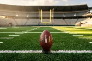 Football on kicking tee positioned at goal line with goalposts in background on NFL field