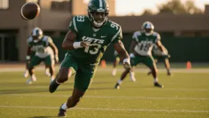 New York Jets wide receiver making sharp cut during minicamp practice session
