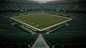Empty Jets stadium seats with distant field view representing organizational uncertainty and future focus