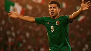 Mexican striker celebrating goal at World Cup 2026 stadium with fans in background