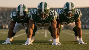 New York Jets offensive linemen in formation at line of scrimmage demonstrating team unity and strength