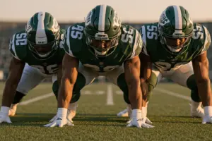 New York Jets offensive linemen in formation at line of scrimmage demonstrating team unity and strength