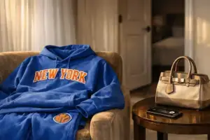 Knicks gear and designer bag in quiet hotel suite during NBA Finals pregame routine