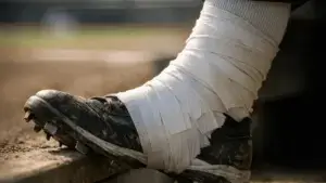 Baseball player's taped ankle and leg resting on dugout step, representing injury rehab pause