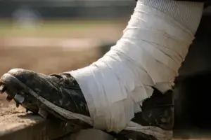 Baseball player's taped ankle and leg resting on dugout step, representing injury rehab pause