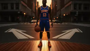 Knicks player at crossroads deciding between contract paths in dramatic arena lighting