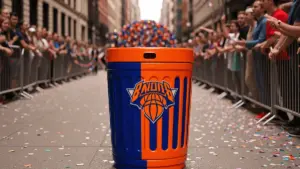 Orange and blue Knicks-branded trash can on NYC sidewalk during championship parade celebration