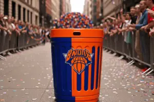 Orange and blue Knicks-branded trash can on NYC sidewalk during championship parade celebration