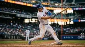Mets player swinging bat at Citi Field during golden hour with stadium lights in background