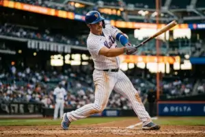 Mets player swinging bat at Citi Field during golden hour with stadium lights in background