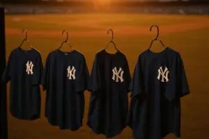 Empty Yankees jerseys hanging in dugout symbolizing roster changes as key players return from injury