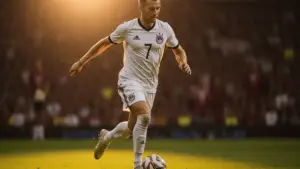 Germany striker in white jersey controlling ball during World Cup match against Paraguay