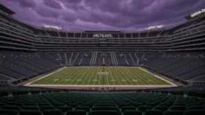 Empty MetLife Stadium at dusk with storm clouds symbolizing Jets playoff drought