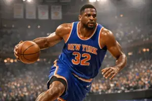 Karl-Anthony Towns driving to basket during NBA Finals game at Madison Square Garden