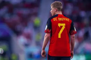 Kevin De Bruyne wearing the Belgium national team jersey with the name and number 7.
