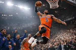 Knicks bench player making athletic play during NBA Finals game with teammates reacting in background