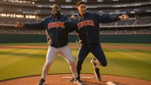 Knicks players throwing ceremonial first pitch at Yankee Stadium after NBA championship win