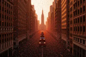 Confetti-filled ticker-tape parade down Broadway's Canyon of Heroes with massive crowds celebrating