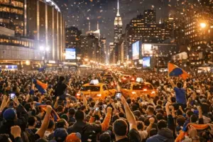 Massive crowd of Knicks fans celebrating in the streets outside Madison Square Garden at night