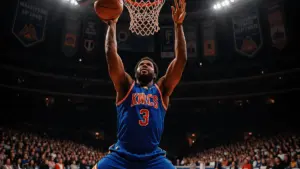 Knicks center defending the rim at Madison Square Garden during championship season