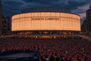 Crowds gather outside Madison Square Garden for Knicks NBA Finals Game 5 watch party with security checkpoints