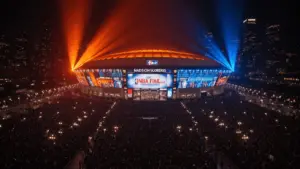 Madison Square Garden exterior with massive crowds celebrating Knicks NBA Finals victory at night