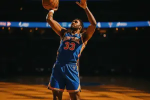 New York Knicks player shooting three-pointer at Madison Square Garden in game action