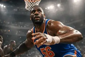 Knicks center defending the rim during NBA Finals with medical tape visible on hand