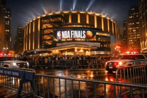 Madison Square Garden exterior with NYPD security barriers during NBA Finals night