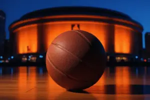 Madison Square Garden illuminated at night with NBA basketball on court and New York City skyline