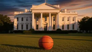 White House at dusk with basketball on lawn symbolizing Knicks historic visit