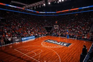 NBA Finals basketball arena with dramatic lighting and packed crowd during championship game