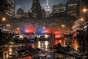 Chaotic night scene at Bryant Park with police lights and crowds after Knicks watch party escalates