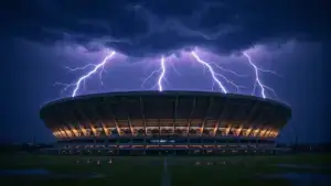 Lightning strikes above Estadio Azteca during severe storm that delayed Mexico vs Ecuador World Cup match