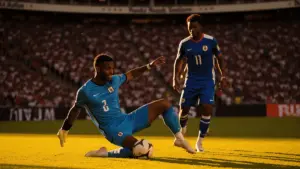 Uruguay and Cape Verde players competing in World Cup soccer match at Hard Rock Stadium