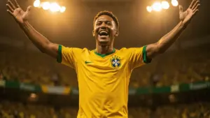 Brazil national team player celebrating goal at 2026 World Cup in iconic yellow jersey