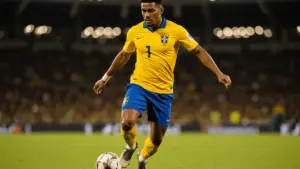 Brazilian striker in yellow jersey shooting during World Cup match action