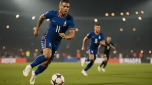 Kylian Mbappe sprinting with ball during France World Cup match