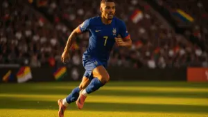 Kylian Mbappe sprinting in France jersey during World Cup match at packed stadium