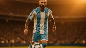 Lionel Messi in Argentina jersey controls ball during World Cup match with dramatic stadium lighting